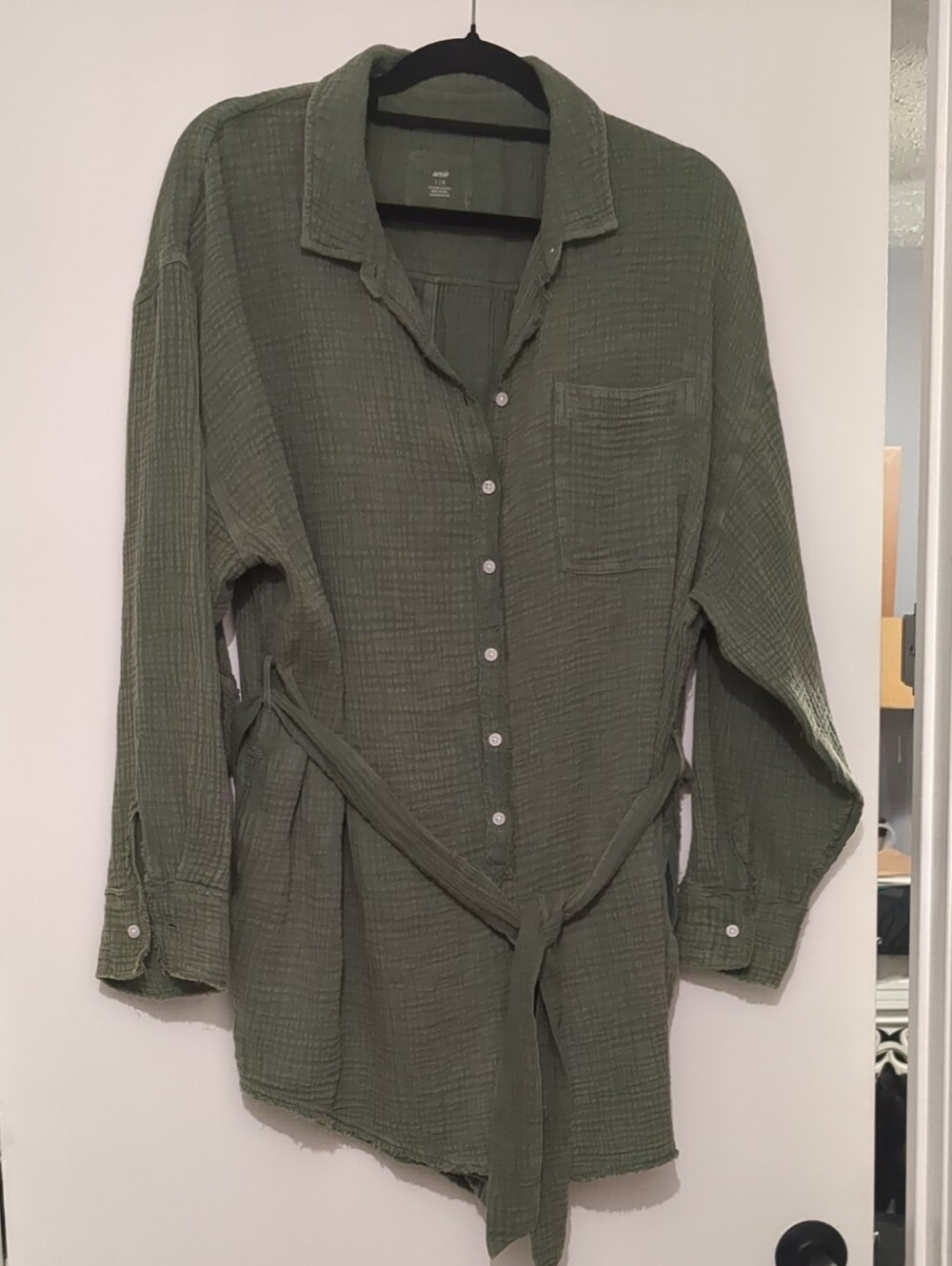Aerie Sz LG Olive Green Gauze Button-Up Romper with Tie Belt And Pockets